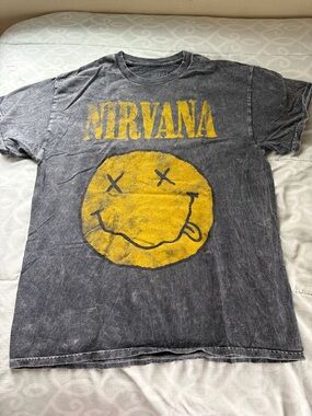 NIRVANA Black Tee with Yellow Smiley Graphic